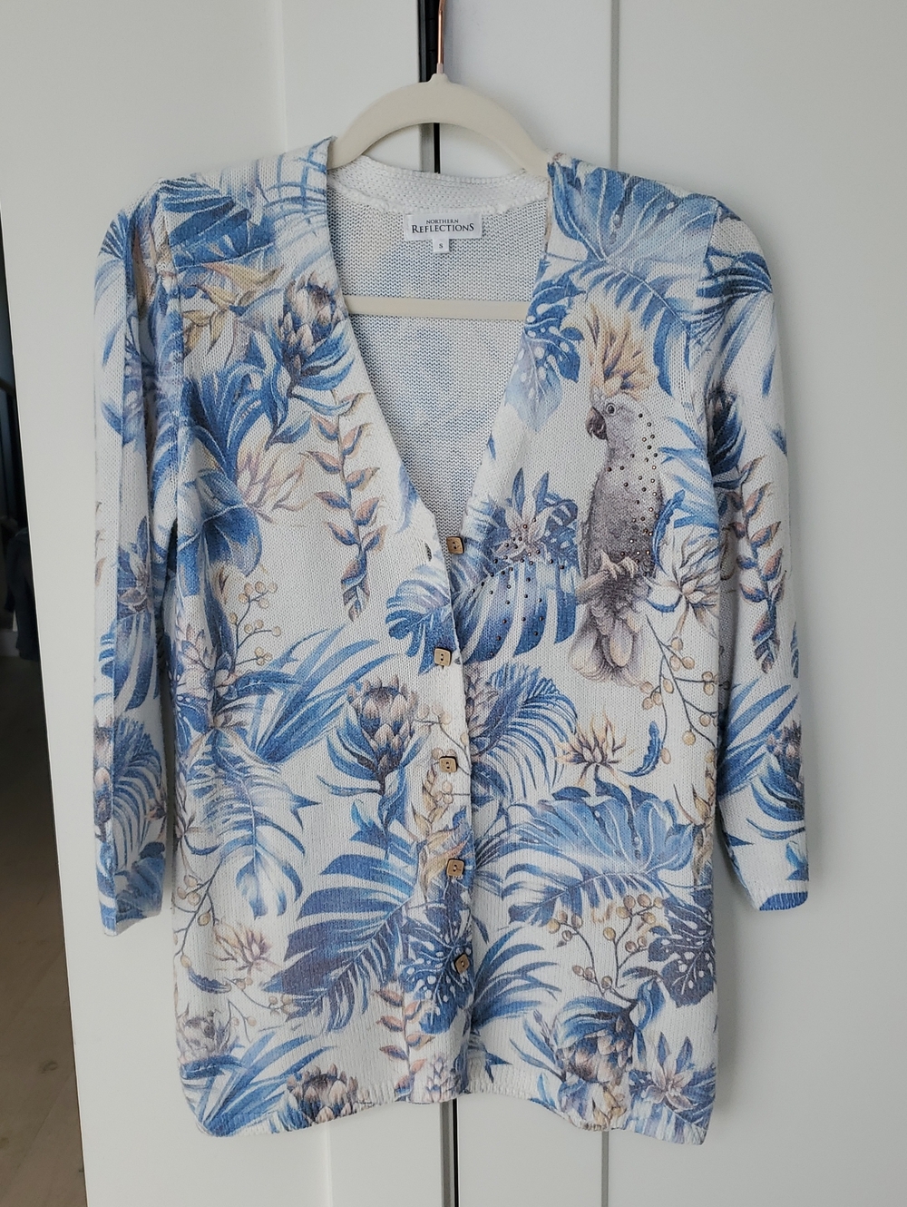 Northern Reflections-Amazingly Soft, Bejeweled Tropical Leaves/Parrot Cardigan-S